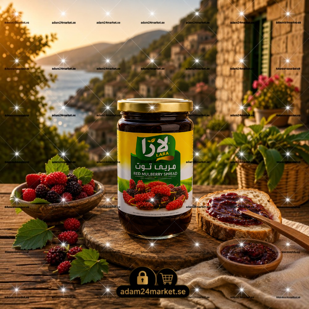 مربى التوت الأحمر من Adam Market في برطمان زجاجي مع توت طازج وشريحة خبز على طاولة خشبية في أجواء ريفية دافئة