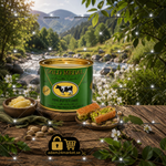 علبة سمن حيواني من Adam Market ماركة GOLD MEDAL بوزن 1.6 كجم مع قطع بقلاوة وفستق على طاولة خشبية في الهواء الطلق