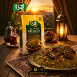 عبوة فريكة لارا 800 جرام بجانب طبق تقليدي من الفريكة باللحم والمكسرات في أجواء شرقية دافئة من Adam Market