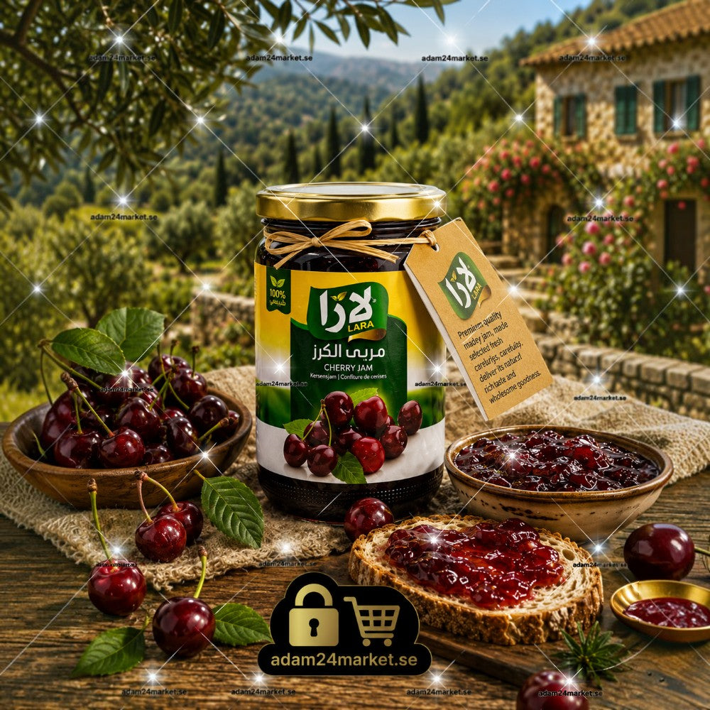 مربى الكرز من Adam Market في برطمان زجاجي مع خبز محمص وكرز طازج في خلفية ريفية طبيعية