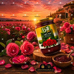 مربى الورد من Adam Market بعبوة زجاجية وسط حقل من زهور الورد الدمشقي عند الغروب مع ملعقة صغيرة