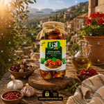 برطمان مكدوس لارا من Adam Market يحتوي على باذنجان محشو بالجوز والفلفل في زيت عالي الجودة، مثالي للمقبلات الشرقية.
