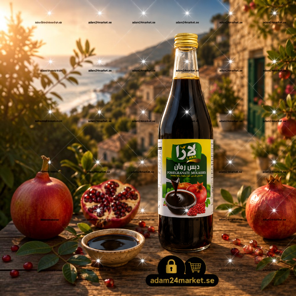 زجاجة دبس رمان لارا من Adam Market بوزن 350 جرام، تتميز بنكهة غنية ومتوازنة مثالية للسلطات والمشاوي.