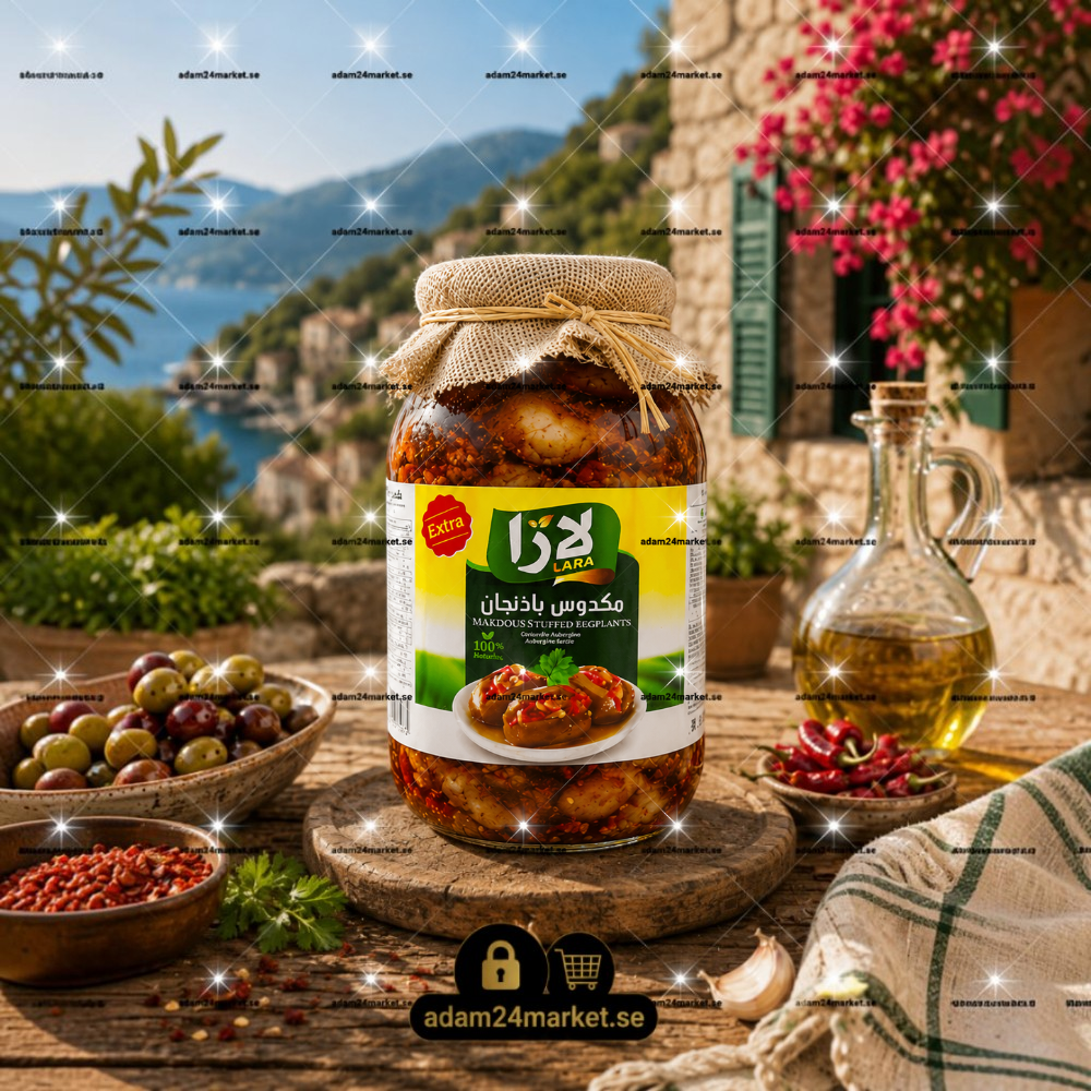 برطمان مكدوس لارا من Adam Market يحتوي على باذنجان محشو بالجوز والفلفل في زيت عالي الجودة، معروض في إعداد ريفي تقليدي.